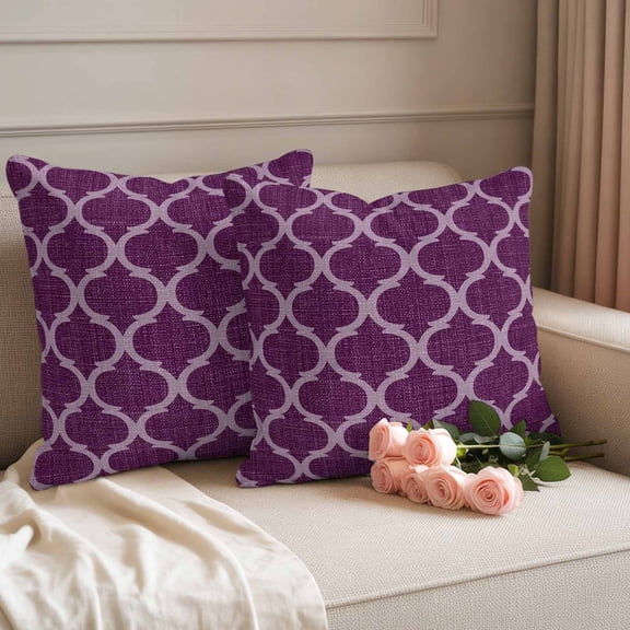 Waterproof Throw Pillow Covers 18x18 Set of 2, Retro Purple Moroccan Geometric Outdoor Pillowcases with Invisible Zipper, Mid Century Pattern Decorative Cushion Covers for Patio Garden Sofa Couch