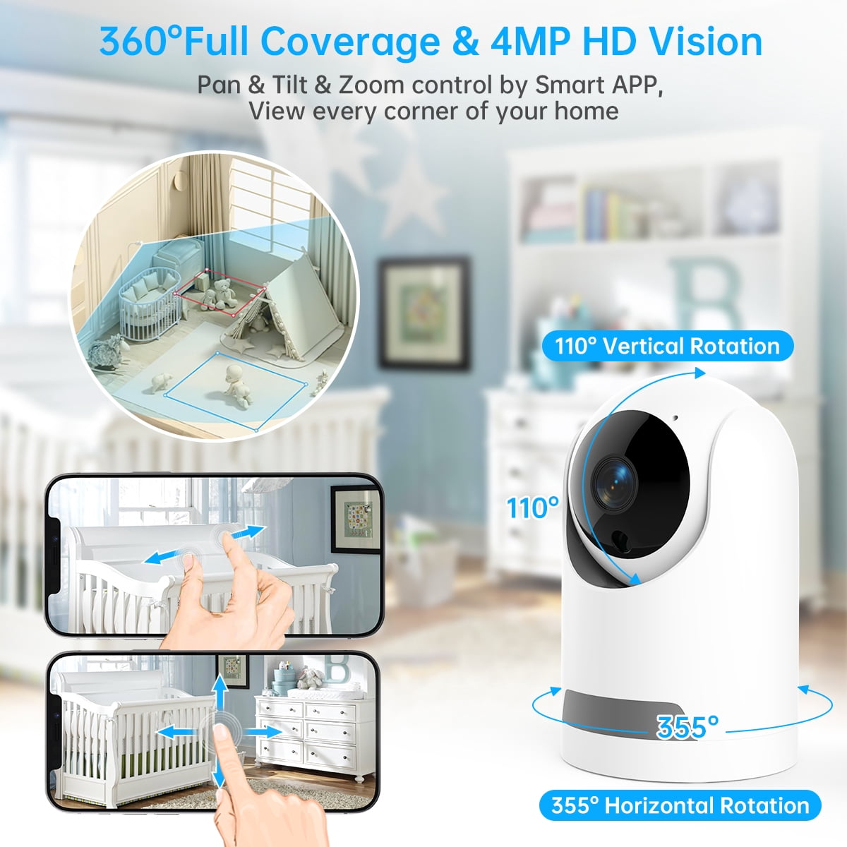 Baby Monitor, 360° Wireless 5G Nanny Cam with Safety Alerts, 4MP HD WiFi Camera for Human & Pet Detection, Home Security Camera with Two-Way Audio, Motion Tracking, IR Night Vision, Sleep Tracking