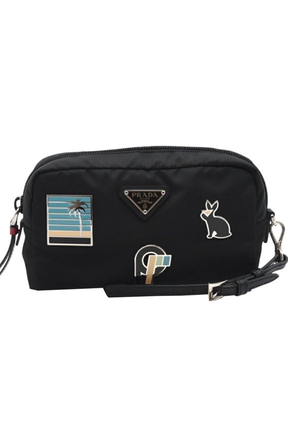 Pre-Owned PRADA Prada Nylon Tessuto Smalto Logo Pouch 1NE021 Black Women's