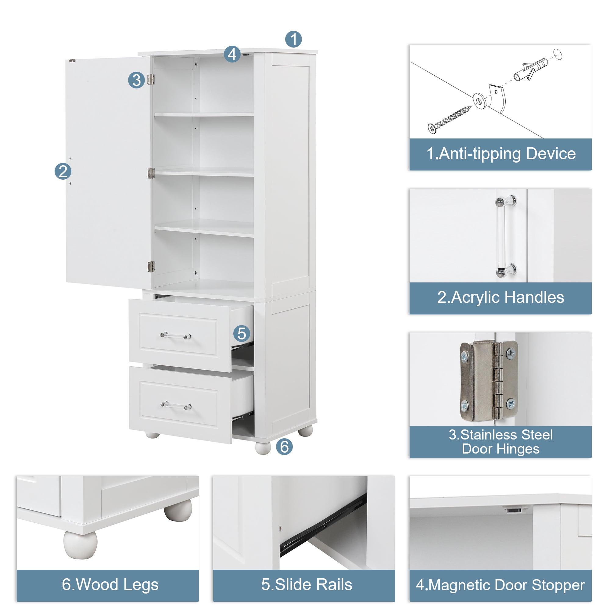 EUROCO 61.4'' Tall Bathroom Storage Cabinet, MDF Board Floor Storage Cabinet with Door, 2 Drawers and Adjustable Shelf, Freestanding Cabinet with Painted Finish for Bathroom, Living Room, White