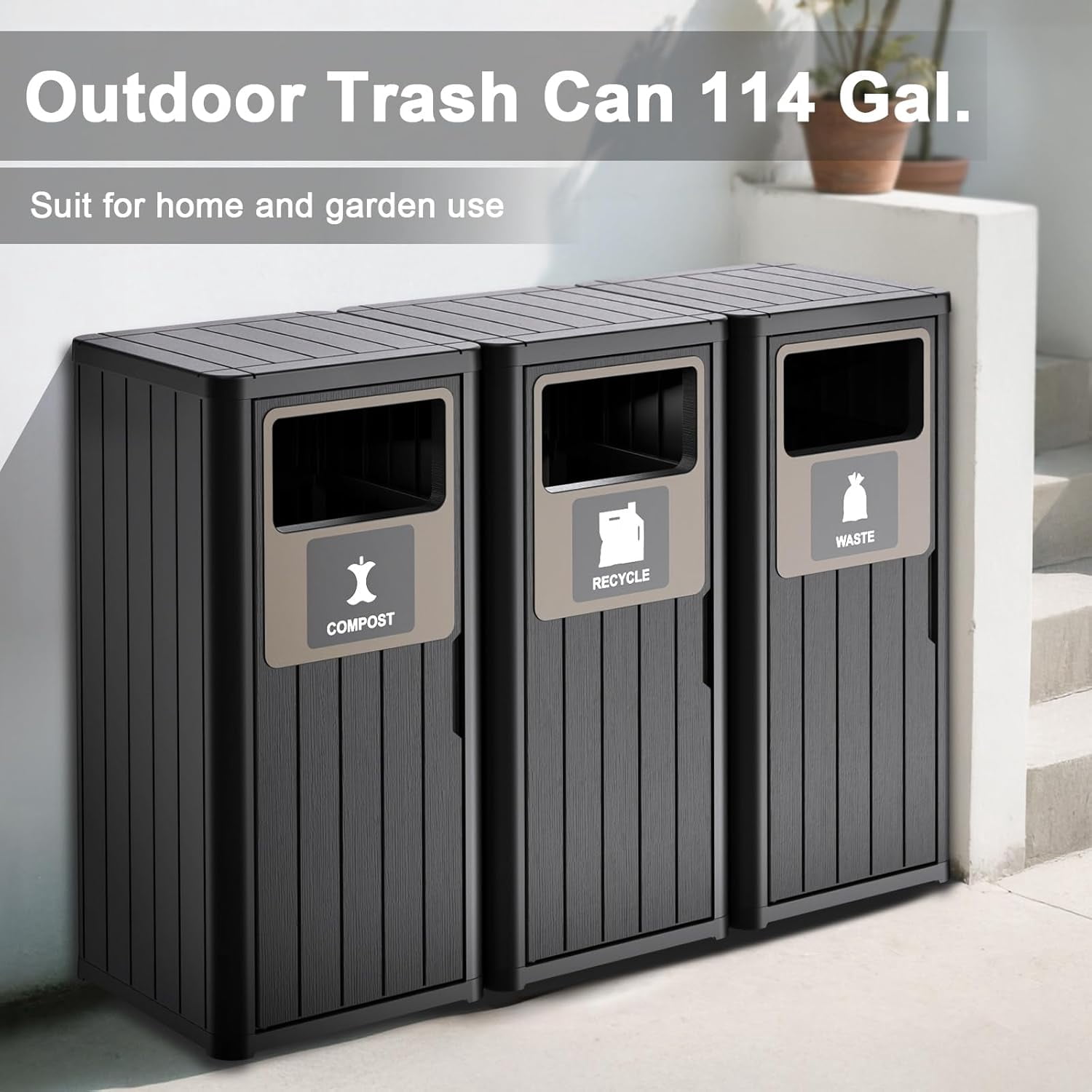 Outdoor 3-Barrel Resin Trash Can – Waterproof, Recycling Labels – Fits 30-39 Gal Bags, Durable for Porch/Backyard/Kitchen, Black, 50.8x16.5x35.4in
