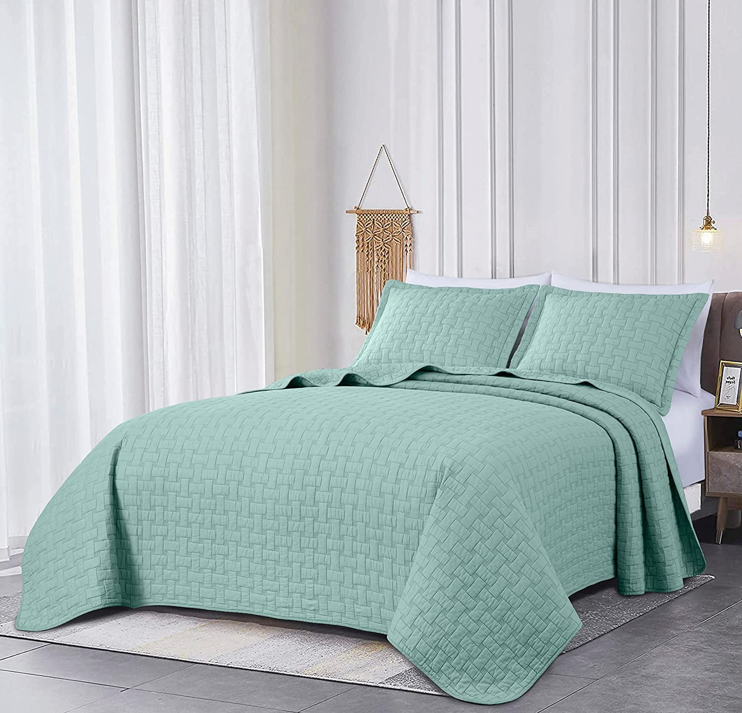 Chezmoi Collection Vert 3-Piece 100% Cotton Quilt Set Queen Size, Aqua, Modern Basketweave Stitched Quilt Lightweight Washed Cotton Bedspread for All Season