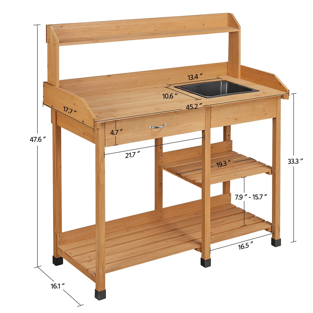 Renwick Wooden Potting Bench with Removable Sink Drawer, Oak