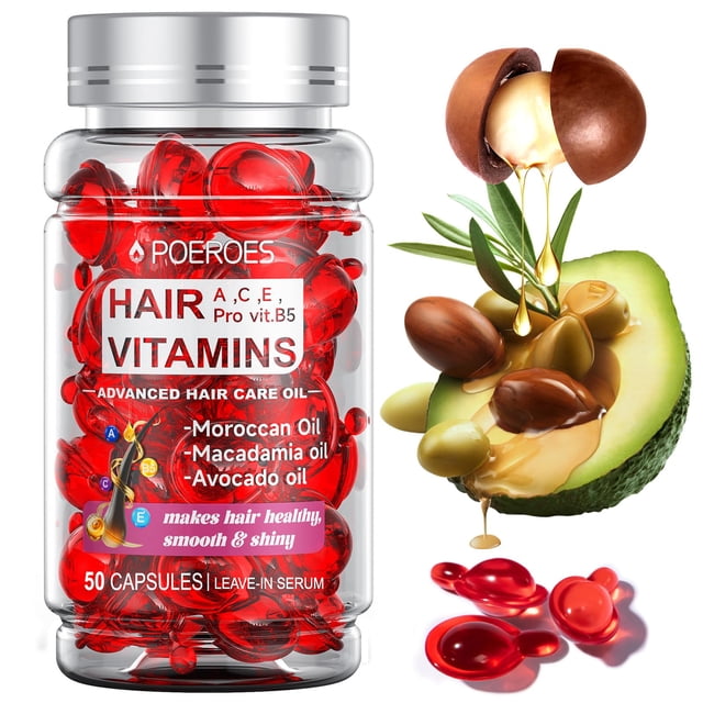 Vitaminas para el cabello POEROES A C E Pro B5 con aceite de argán y aguacate, 50 cápsulas