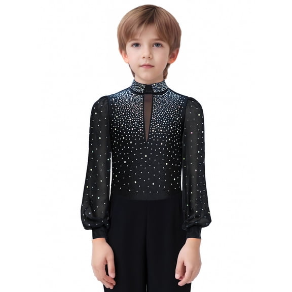 Zaldita Kids Boys Rhinestone Figure Skating Gymnastics Leotard One Piece Shirt Romper Latin Ballroom Dance Bodysuit Black 16
