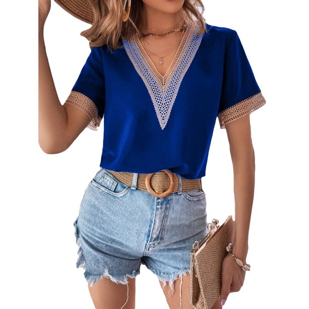 SAYOO Tops sueltos para mujer, manga corta, cuello en V, informal, fiesta, club, primavera, verano, patchwork SAYOO Casual
