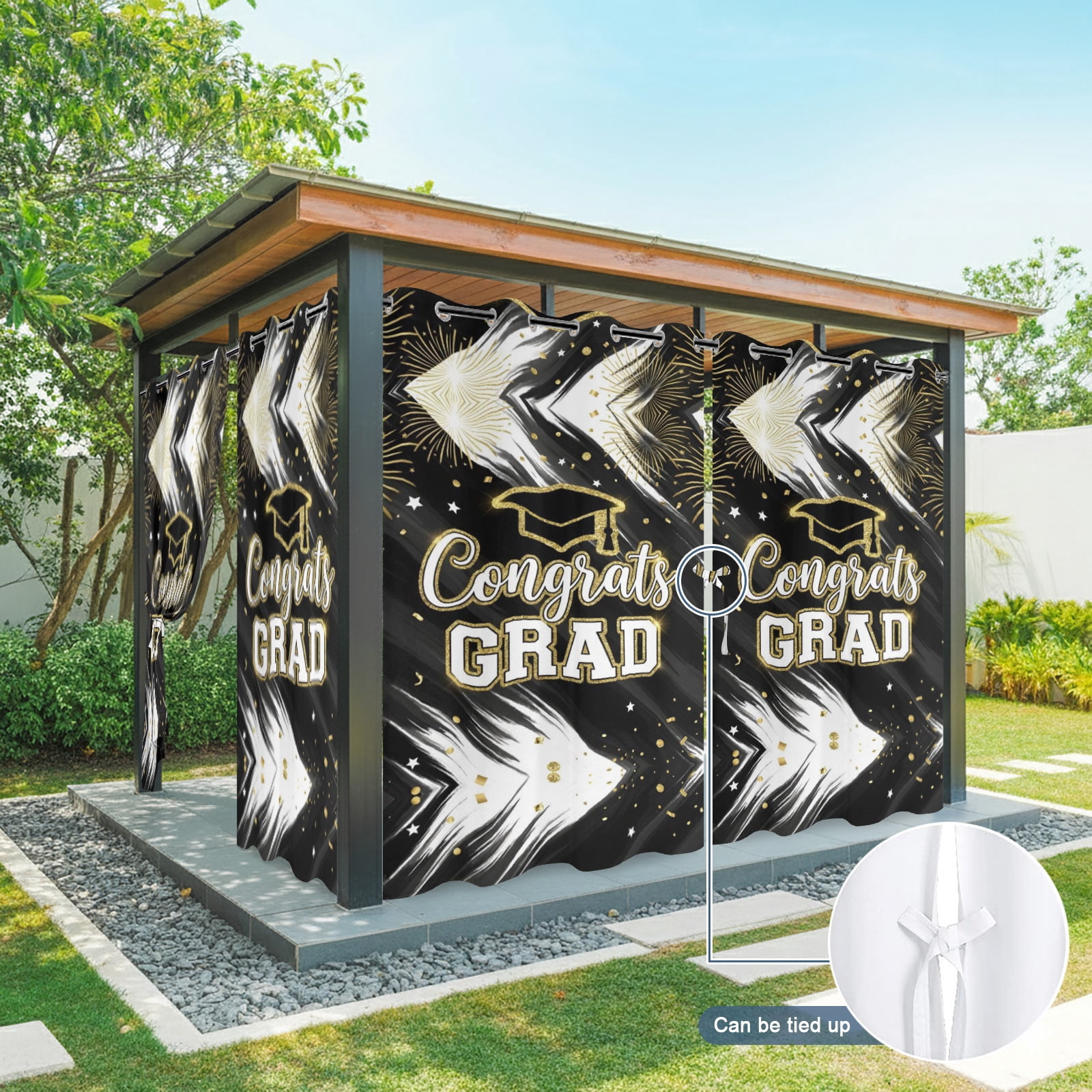 Graduation Cap Outdoor Curtains for Patio, Modern Black Gold Firework Glitter Star Sunshade Privacy Drapes Grommet Waterproof Outside Curtains for Porch/Cabana/Balcony 54"x 108", 1 Panel