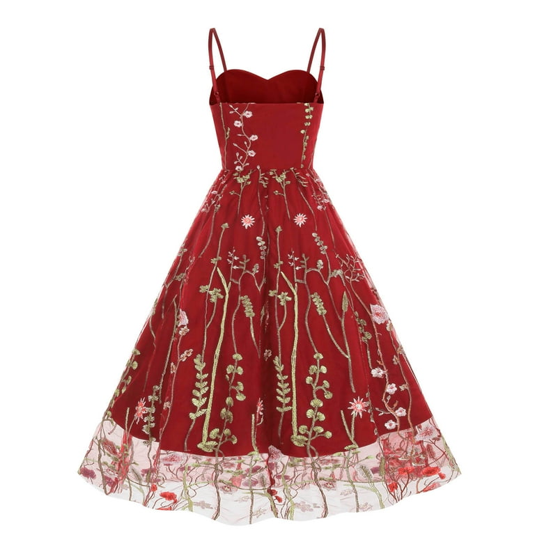 Brglopf Womens Floral Embroidery Sheer Mesh Dresses Spaghetti Strap Vintage Cocktail Party Dress Wedding Prom Evening Swing Dress Red L, Women's, Size