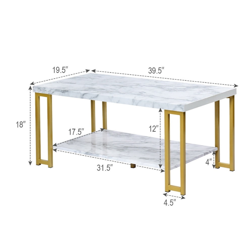 Finihen Wooden Coffee Table, Rectangular Coffee Table, 2-Tier Rectangular Modern Coffee Table with Gold Print Metal Frame, for Living Room, Reception Room, Office, White