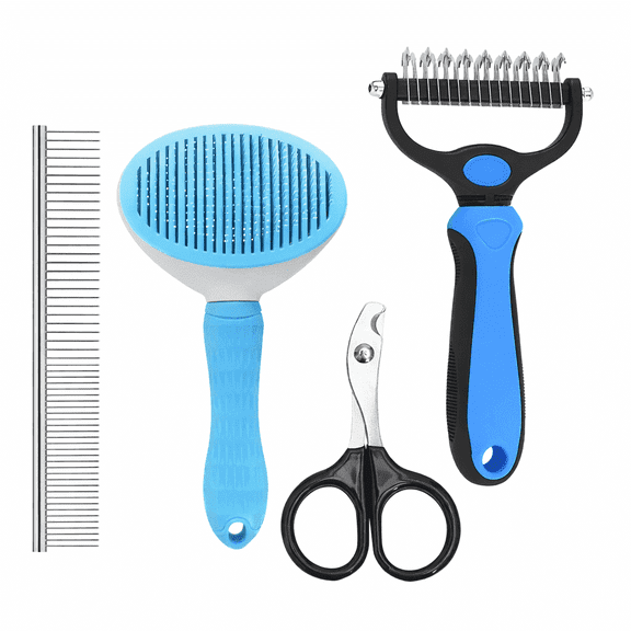 4-Piece Pet Grooming Kit for Cats & Dogs, Slicker Brush, Dematting Tool, Steel Comb & Nail Clipper for Daily Grooming