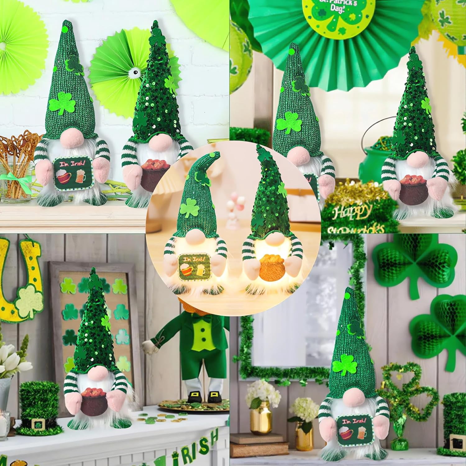 2 Pack St Patricks Day Gnomes Plush with Light, 11inch St. Patrick's Day Irish Elf Tomte Gnome Decoration Ornaments Table Indoor Home Decor