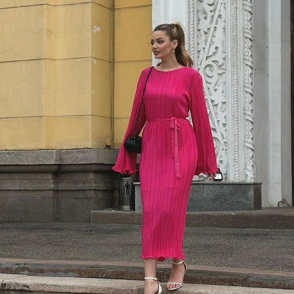 Women's Autumn New Crew Neck Lace Up Trumpet Long Sleeve Long Sleeve Pleated Dress plus Party Dress Womens 3/4 Sleeve Dress Dress for Women Long Elegant Formal plus Size Dresses Formal Dresses for