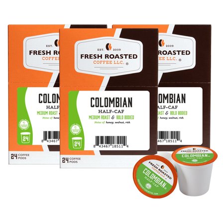 Fresh Roasted Coffee, Colombian Swiss Water Half Caf, Medium Roast, K-cup Compatible, 72 Count