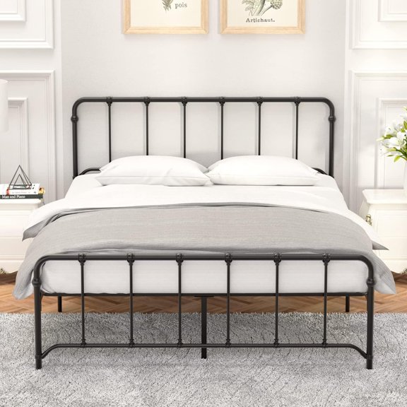 Full Bed Frame Metal Platform Bed with Headboard and Footboard  Metal Bed Frame Heavy Duty Steel Slat Mattress Foundation with Storage/No Box Spring Needed/Tool-Free Easy Assembly  Black