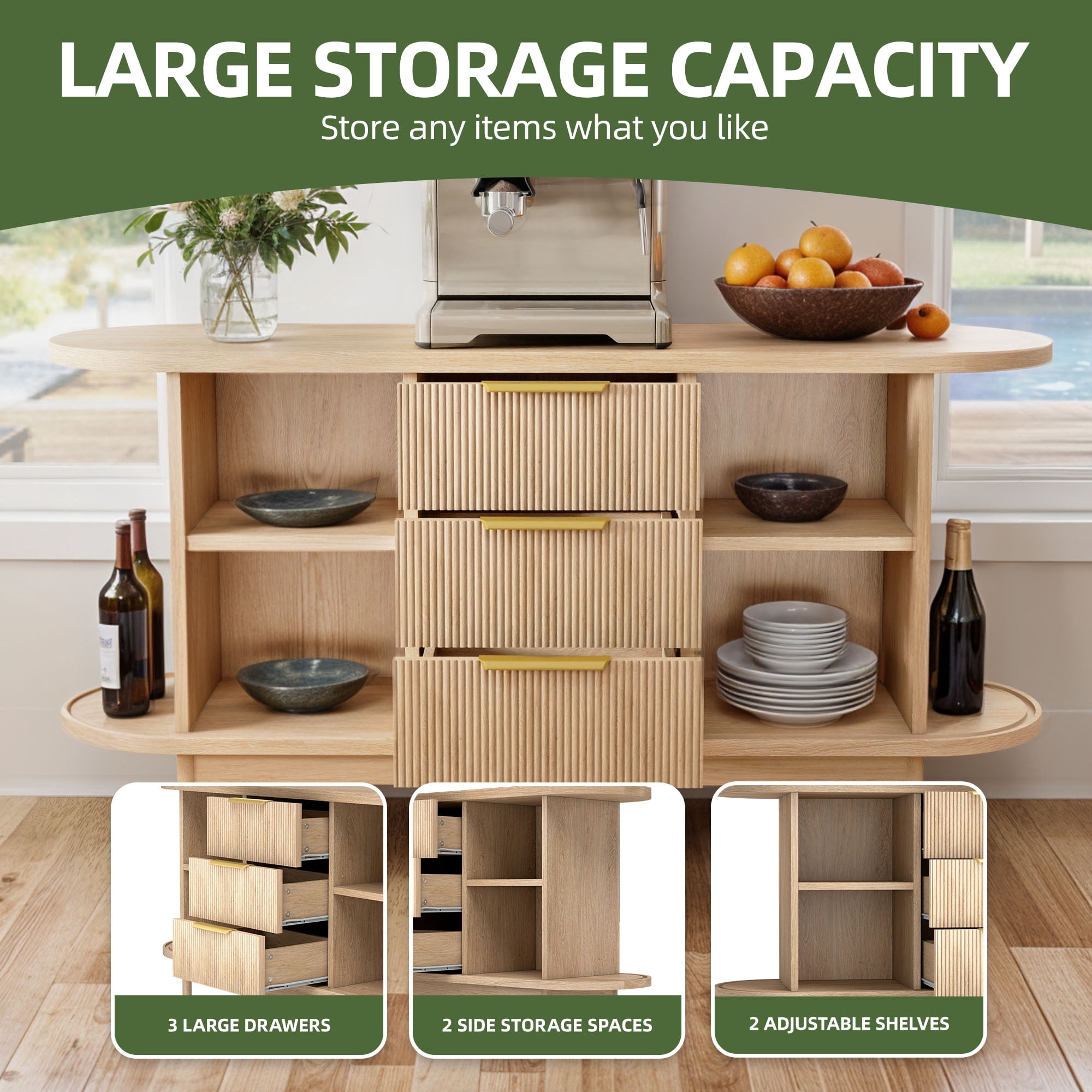 Uforic Fluted Sideboard with Drawers, Modern Buffet Cabinet with Storage & Adjustable Shelves, Oak