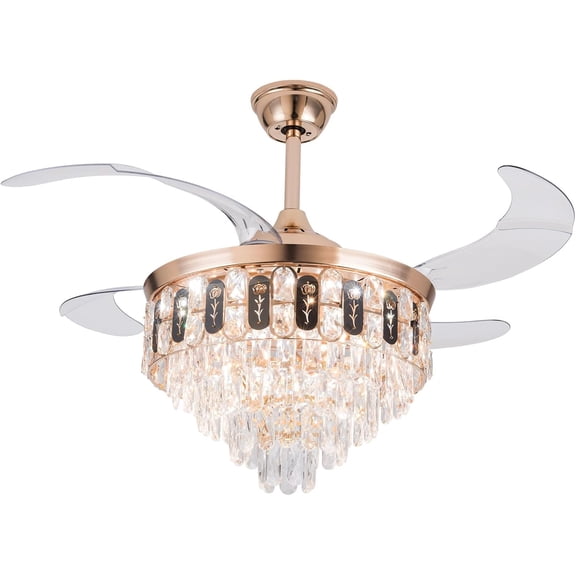 42 Inch Crystal Ceiling Fan with Lights Modern 3 Color 6 Speeds LED Remote Control Fandelier Retractable Invisible Blades Indoor Reversible Ceiling Light with Fan