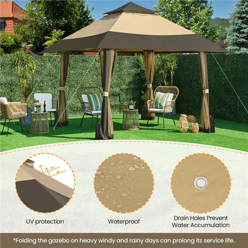 Renwick 13×13 Ft Pop Up Gazebo Tent with Four Mesh Sidewalls, Khaki/Brown