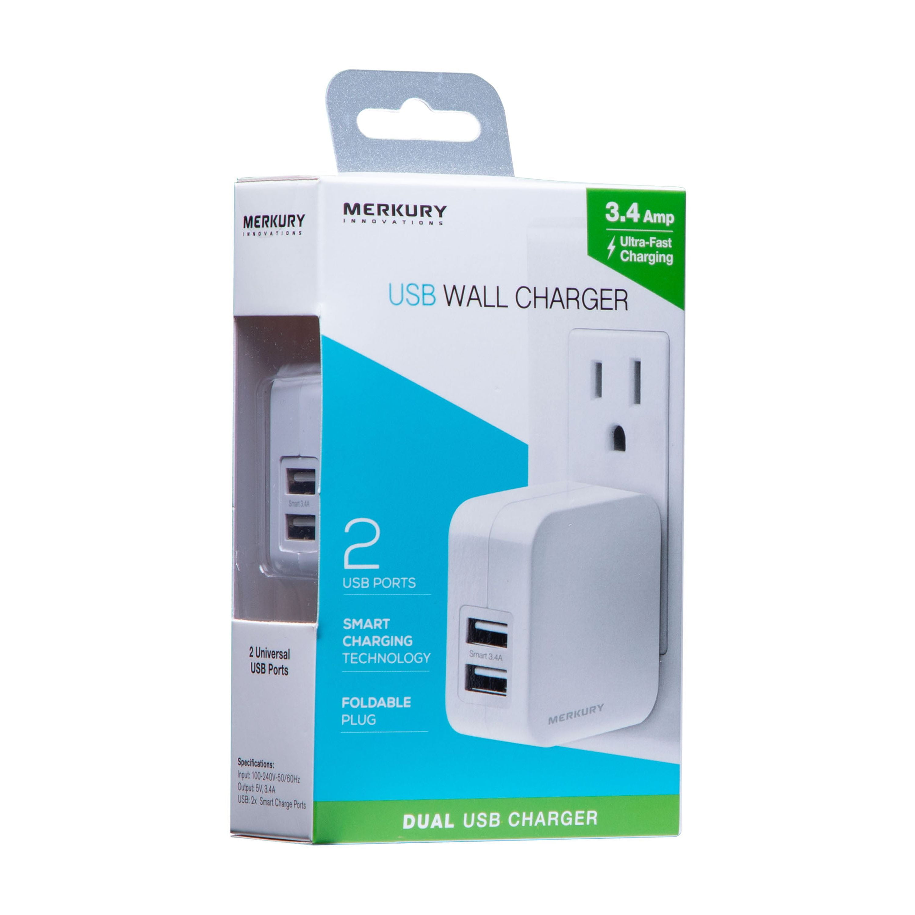 Merkury Innovations 3.4 Amp 2 USB Wall Charger, White