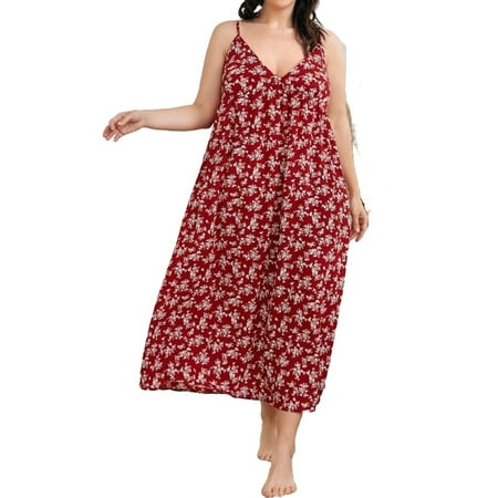 

Cute All Over Print Spaghetti Strap Slip Dress Burgundy Sleeveless Plus Size Nightgowns & Sleepshirts M