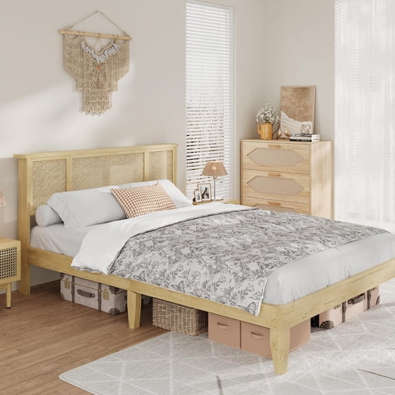 Queen Bed Frame with Rattan Headboard, Boho Cane Platform, Wooden Slats & Metal Support, No Box Spring Needed