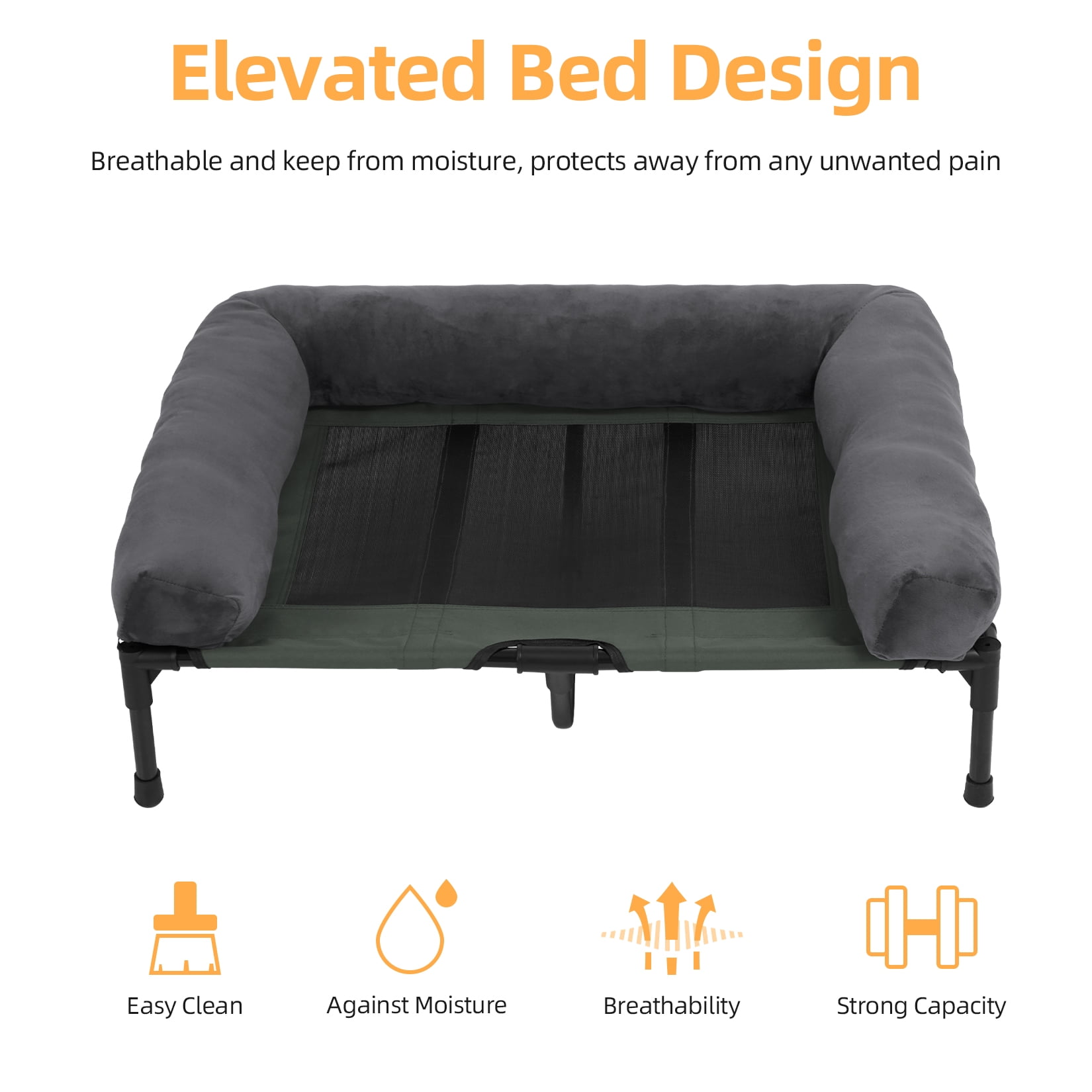 Bingopaw 4 in 1 Elevated Pet Dog Bed with Bolster, Gray, Large, 35"L