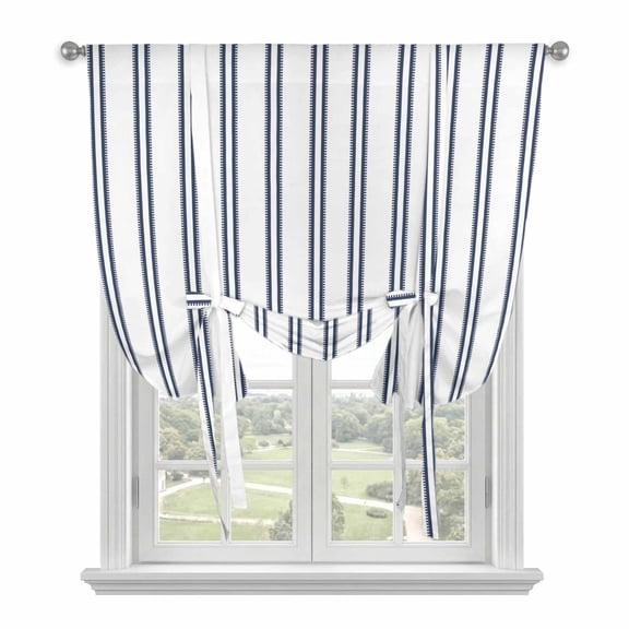 Navy Blue Striped Tie Up Curtains for Windows, Adjustable Balloon Window Shades, Modern Vertical Stripes Minimalist Kitchen Window Treatments Adjustable Roll Up Curtain for Basement/Nursery 52"x45"
