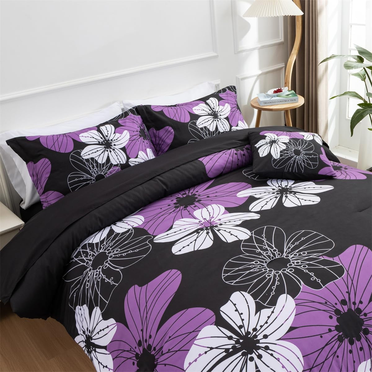 NTBED Floral Comforter Set Queen 6 PCS Bed in a Bag Purple Flowers Printed on Black Botanical Bedding Sets Boho