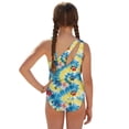 thumbnail image 2 of SEANATIVE One Piece Bathing Suit for Girls Mesh Cover-up Skirt Cutout One Shoulder Beach Swimsuits with Adjustable Strap, Size 11-12 Years Old, Paw Pattern Tie-dye Blue Yellow, 2 of 7