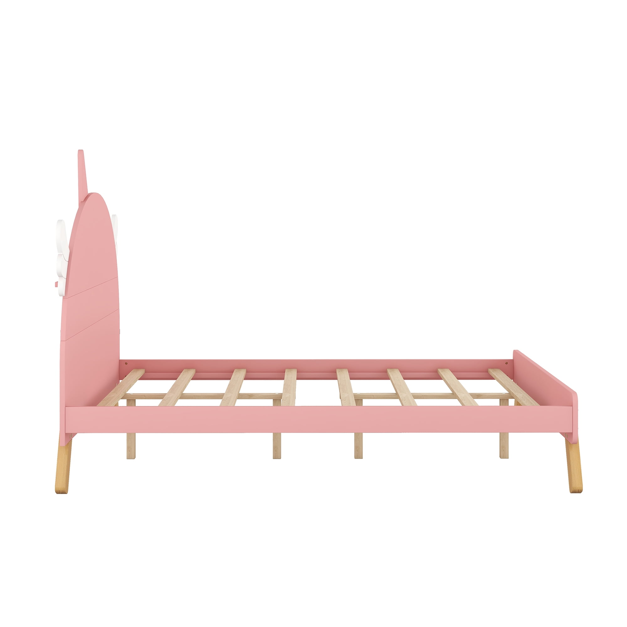 Aukfa Platform Bed with Unicorn Horn Headboard for Kids, Wood Full Size Bed Frame - Pink