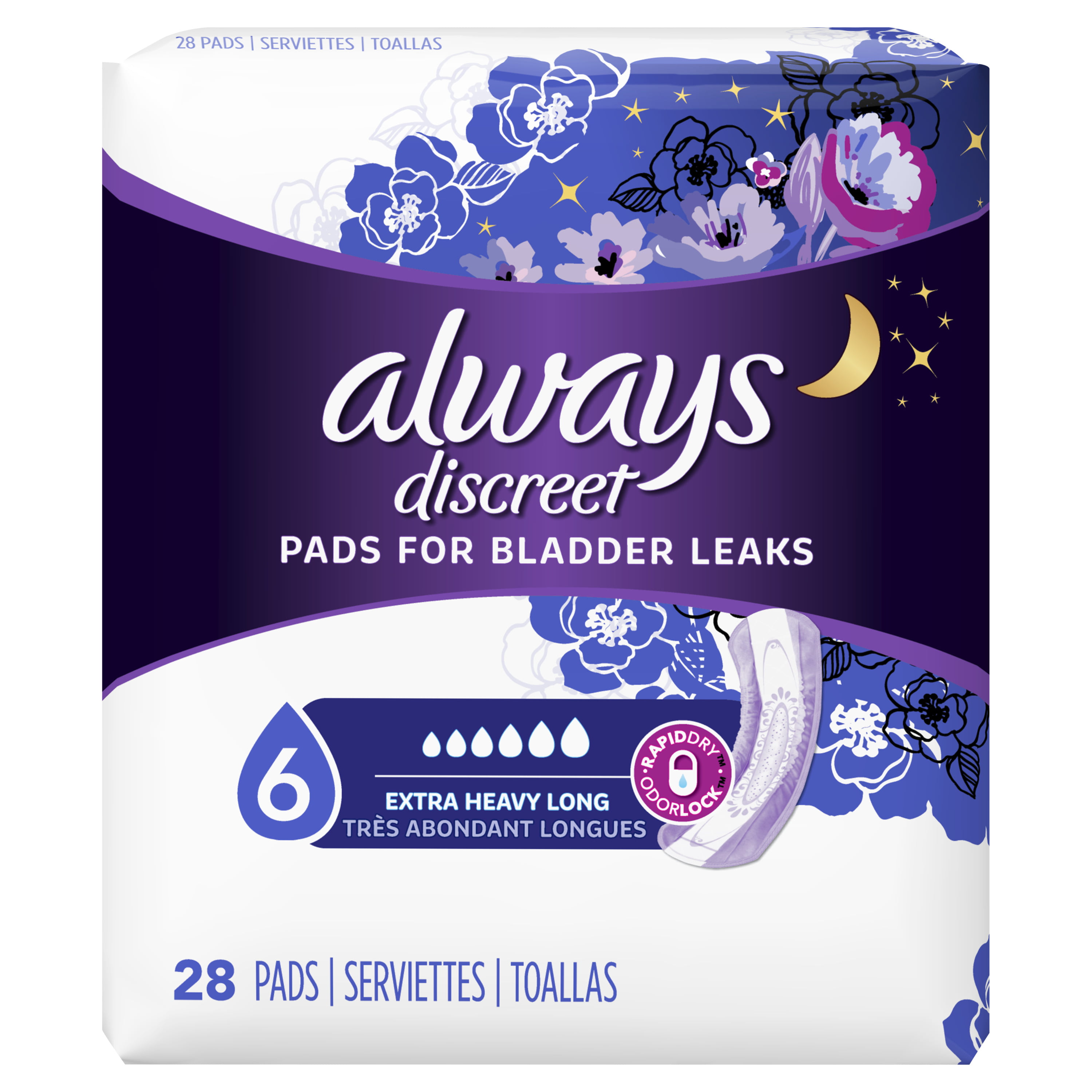Always Discreet, Incontinence & Postpartum Pads For Women, Size 6 Drops,  Extra Heavy Long Absorbency, 60 Count