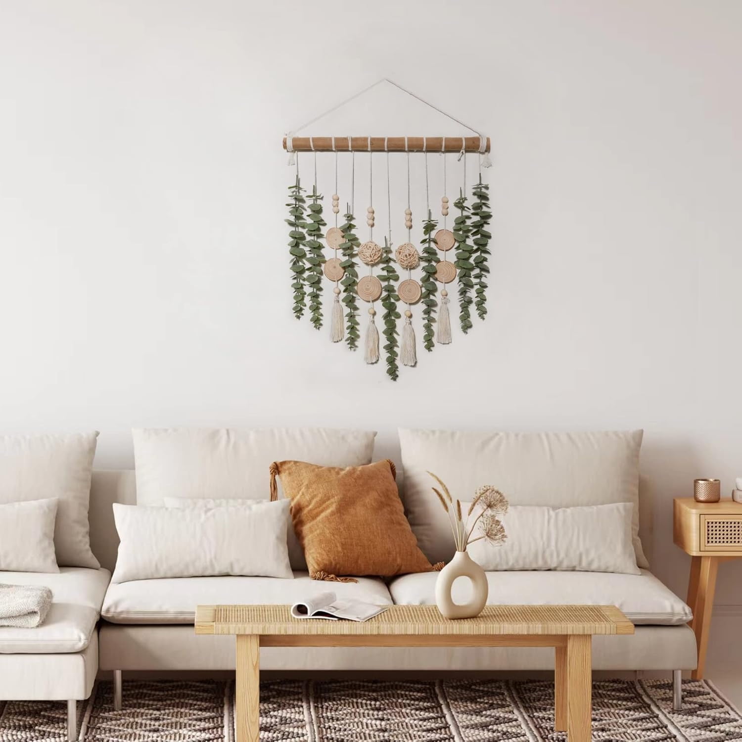 Artificial Eucalyptus Decor Boho Wall Decor Fake Eucalyptus Farmhouse Wall Hanging Greenery Vines Leaves Wall Hanging Plants on 16.5 inch Wooden Stick with Wicker Ball for Bedroom Nursery Kitchen