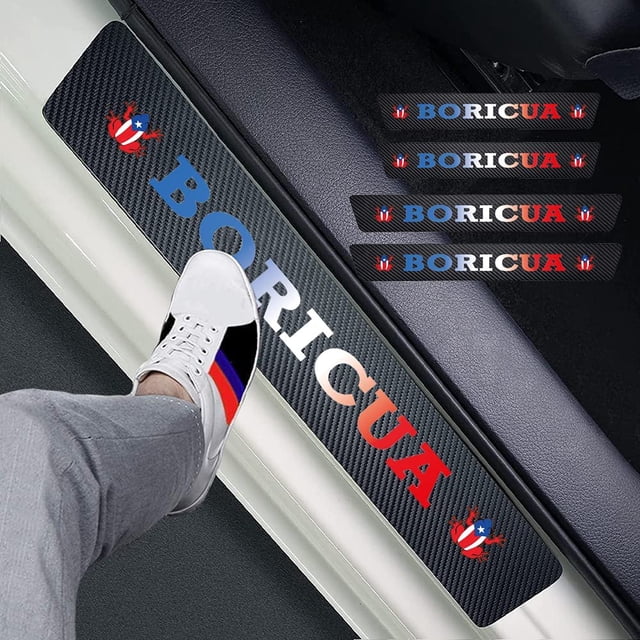 Hangoo 4pcs Puerto Rico Coqui Carbon Fiber Car Door Front/Rear Sill Plate Protectors, Boricua Coqui Car Accessories,Reflective Sticker Decorative Door Entry Guard Door Threshold Scratch Pad Film