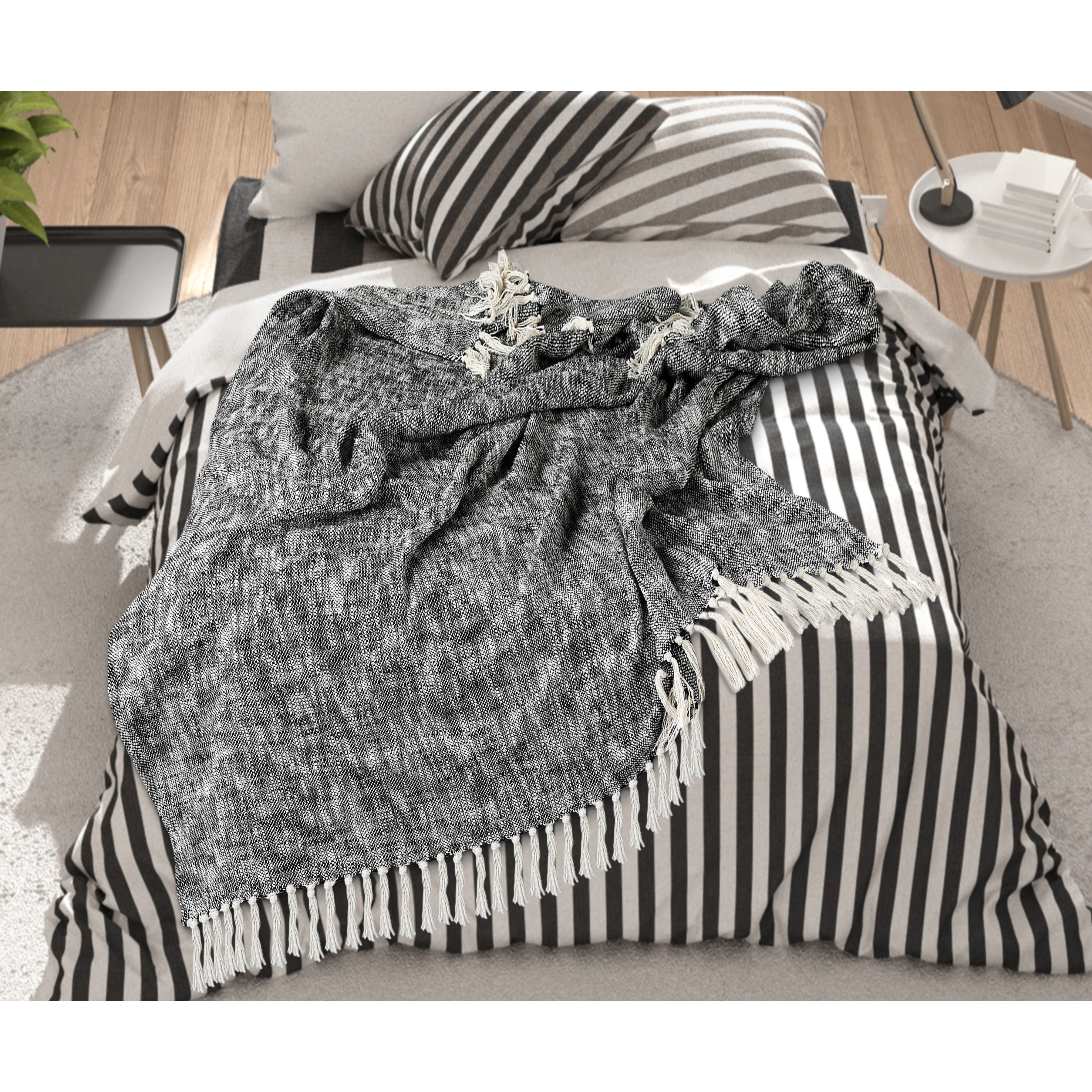 Ox Bay Black/Ivory Distressed Cotton Adult Throw Blanket, 50" x 60"
