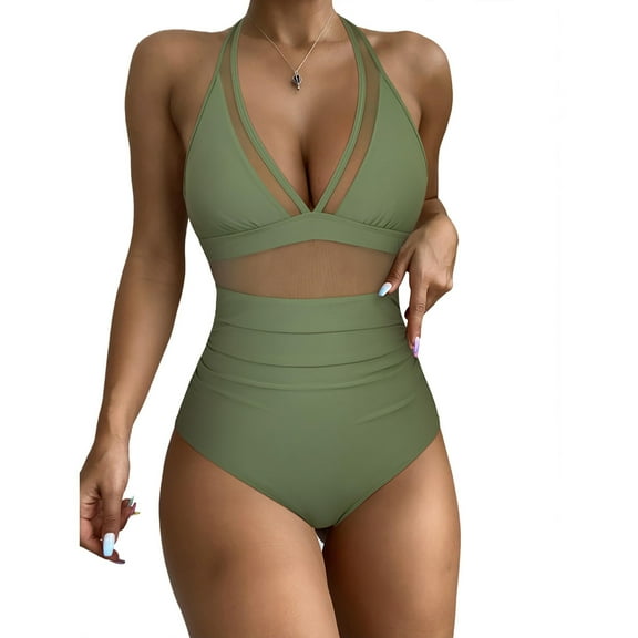 Feimerou Sexy One Piece Swimsuits for Women Halter Neck Mesh Sheer Sarong Wraps Bathing Suits Sexy High Waisted Tummy Control Swimwear