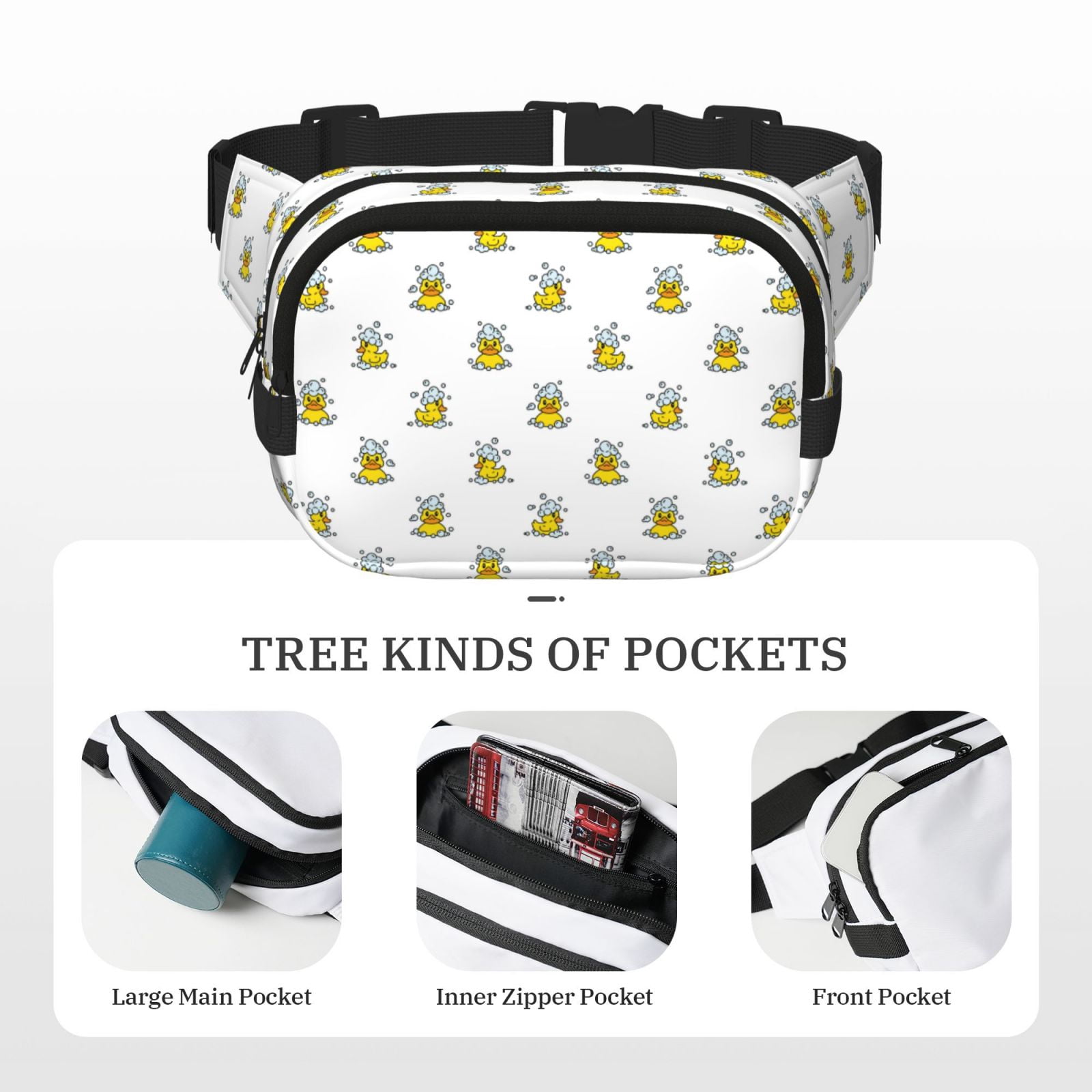 Picia Rubber Duck Showe Print Square Double-Layer Waist Bag Mini Adjustable Waist Belt Bag Exercise Running Travel Hiking