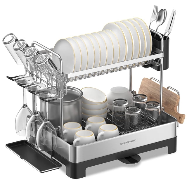Estante para secar platos SONGMICS de 2 niveles para cocina con caño de desagüe