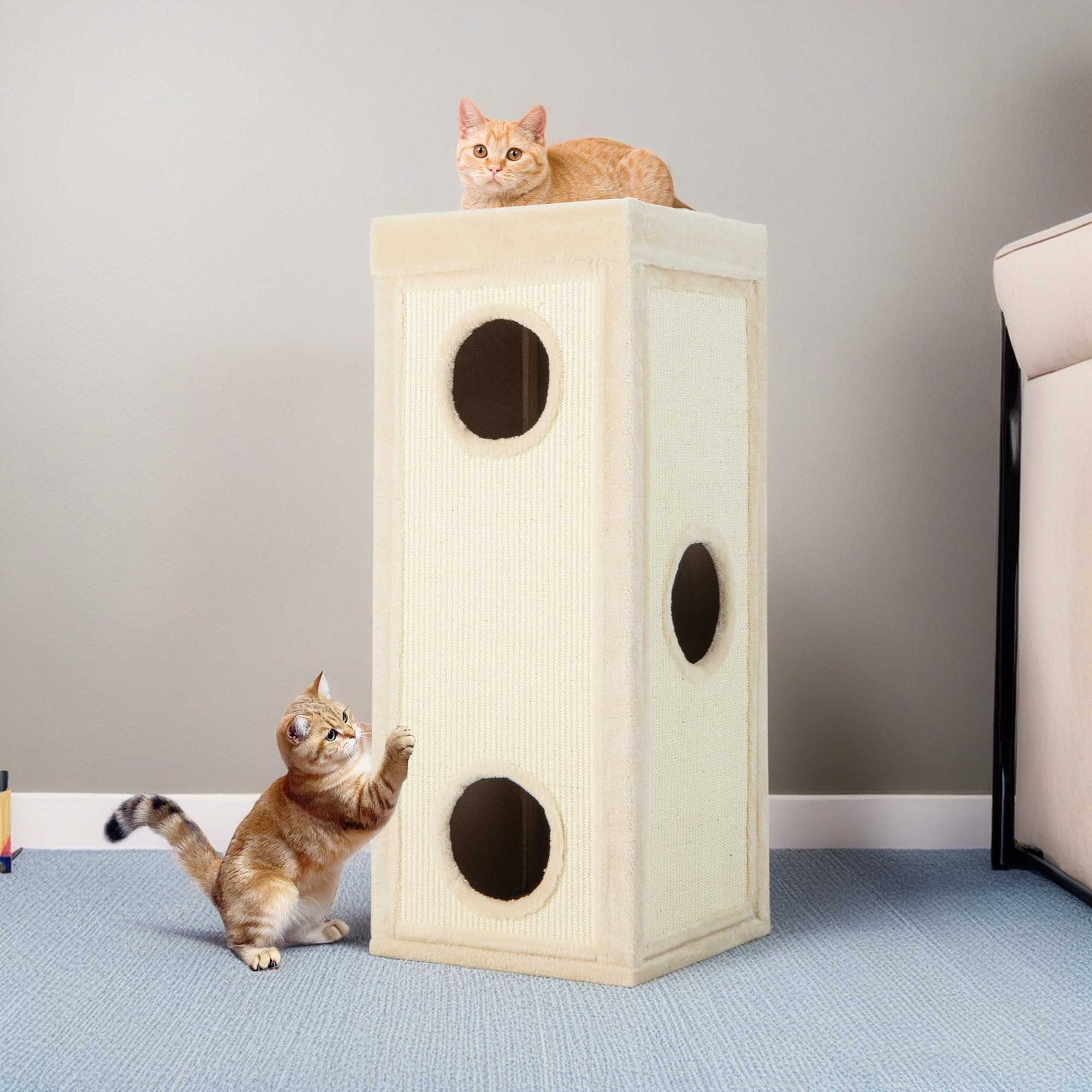 resenkos 39" Cat House for Indoor Cats, Cat Condo Scratcher Furniture, Cat Cave Bed with Scratching Posts, 3 Hideaways, 4 Soft Plush Cushion, Beige
