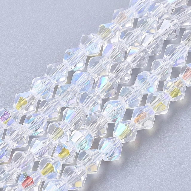 10 hilos de dijes de vidrio electrochapado, color AB, semichapados, facetados, bicónicos, transparentes AB, 4x4 mm, orificio de 0,8 mm, 82-85 piezas por hilo, 30,5-31 cm