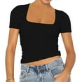 thumbnail image 3 of TQFXJ421SJ Women T-Shirts with Short Sleeve Basic Square Neck Crop Tops Slim Fit Vacation Outfits Trendy Black XXL, 3 of 6