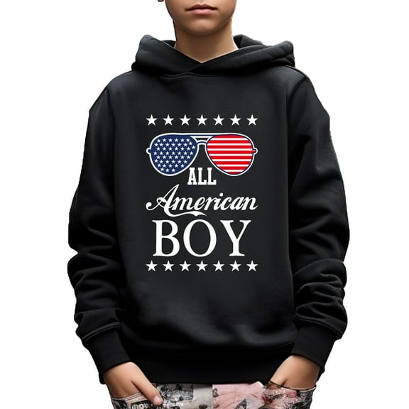 Cool American Boy Letter Print Stars and Stripes Long Sleeve Hoodie, Stay Stylish And Cozy Sweatshirt - Perfect Independence Day Essential For Your Little Fashionista!