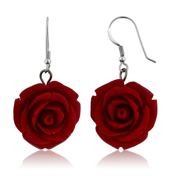 Gem Stone King 20MM 925 Sterling Silver Red Simulated Coral Carved Rose Flower Earrings