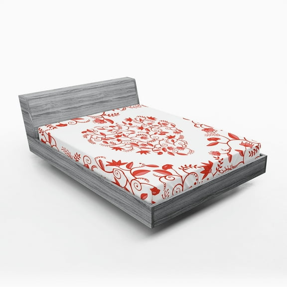 Ambesonne Valentines Day Fitted Sheet, Paisley Design, Full Size, Red