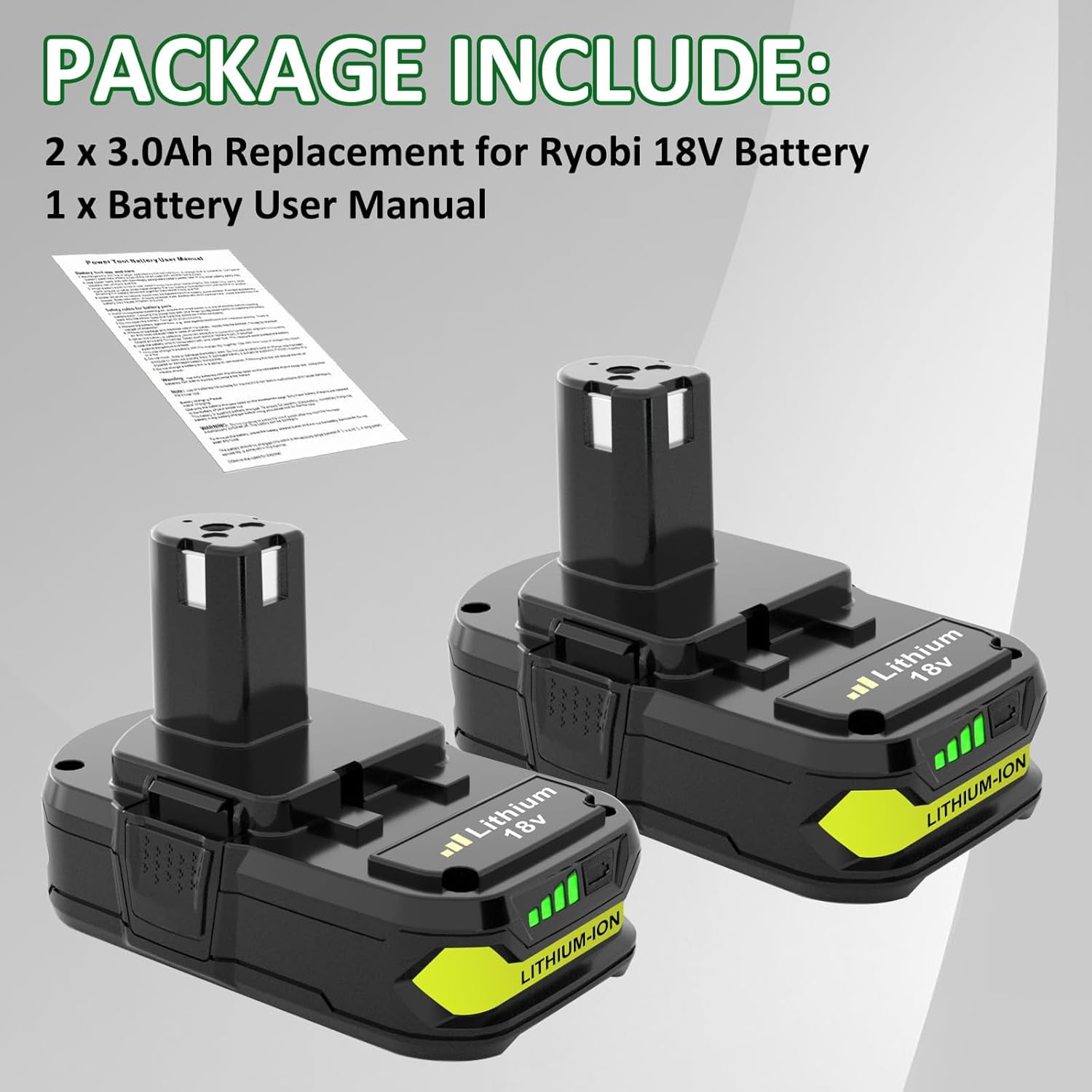 2Pack 18 Volt P102 Lithium-Ion Battery replacement For Ryobi 18V P108 P107 P103