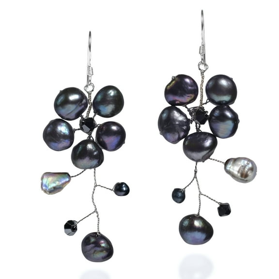 Dreamy Nature Cultured Freshwater Black Pearl Flower .925 Silver Earrings