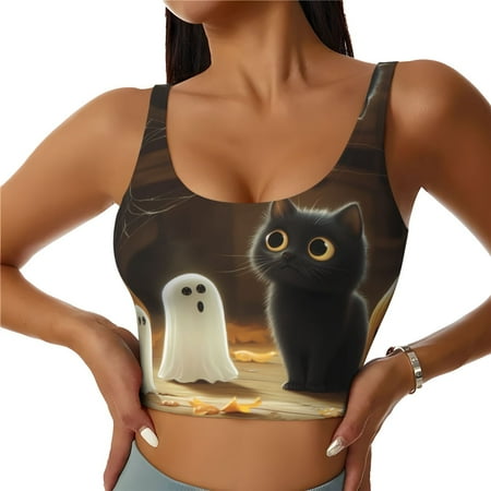 Sports Bras for Women High Support  Halloween Cute Black Cat Ghost A Workout Tank Tops Woman  Yoga Bra with Removable Cups