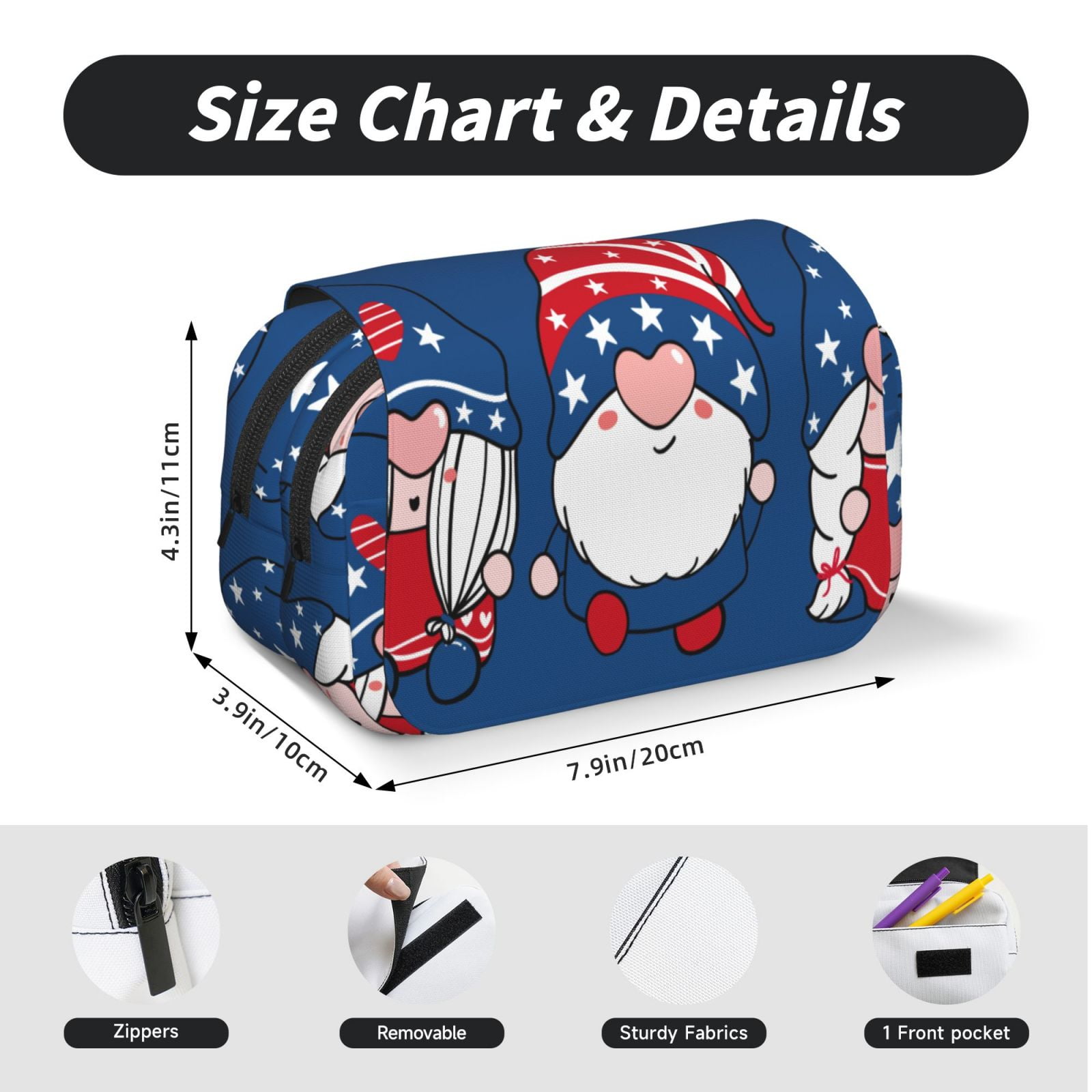 Rateoe Three Gnome Independence Day Pattern Double Clamshell Pen Case, Storage Organizer with Two Zipper Compartments– Holds Up to 50 Pencils & Pens