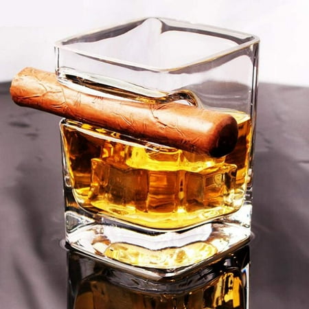 

Old Fashioned Whiskey Glasses - Tumbler with Side Mounted Holder Cigar Rest-Best Accessories & Gifts for Drinking Bourbon and Scotch