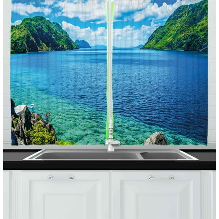 Green Bay Packer Window Curtains Nature Curtains 2 Panels Set, Scenic View Sea Bay and Mountain Islands in Palawan Philippines Idyllic Image, Window Drapes for Living Room Bedroom, 55W X 39L Inches, Blue Green White, by Ambesonne ()
