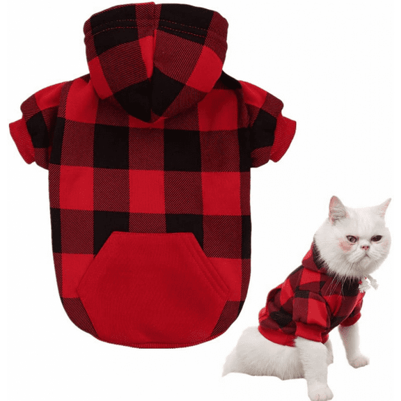 Plaid Dog Hoodie Pet Clothes Sweaters with Hat，Red，X-Large (Pack of 1)