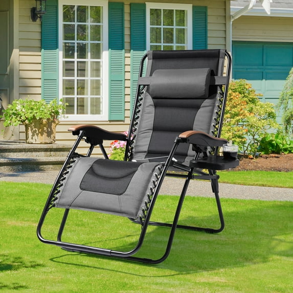CHYVARY Oversized Zero Gravity Patio Reclining Padded Lounge Chair with an Adjustable Headrest and a Side Tray, Grey